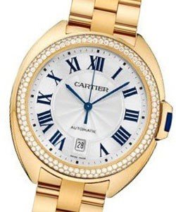 Cle de Cartier Automatic in Yellow Gold with Diamond Bezel on Bracelet with Silver Flinque Sunray Dial