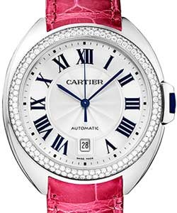 Cle de Cartier Ladies 40mm Automatic in White Gold - Diamond bezel On Pink Alligator Strap with Silver Flinque Roman Dial