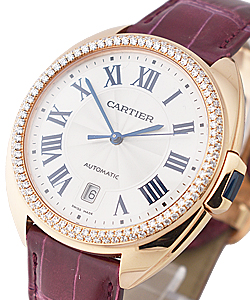 Cle de Cartier 40mm in Rose Gold with Diamond Bezel on Burgandy Strap with Flinque Sunray  Roman Dial