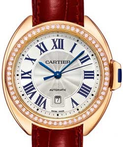 Cle de Cartier 35mm in Rose Gold with Diamond Bezel on Bordeaux Red Alligator Strap with FLinque Sunray  Roman Dial