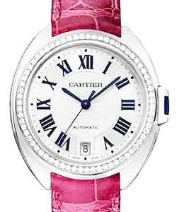 Cle de Cartier Ladies 40mm Automatic in White Gold - Diamond bezel On Pink Alligator Strap with Silver Flinque Roman Dial