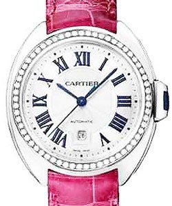 Cle de Cartier Ladies Automatic in White Gold with Diamond bezel On Pink Alligator Strap with Silver Flinque Roman Dial