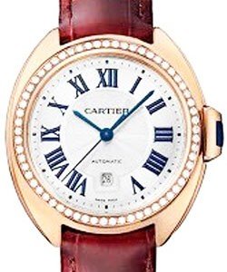 Cle de Cartier 31mm in Rose Gold with Diamond Bezel on Pink Alligator Strap with FLinque Sunray  Roman Dial
