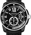 Calibre de Cartier 42mm in Steel with Black Bezel On Black Rubber Strap with Black Roman Dial