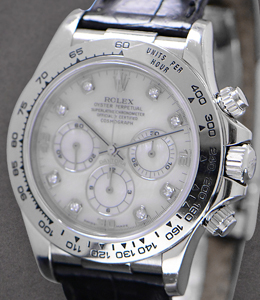 Daytona White Gold on Strap 16519 with White Mother of Pearl Diamond Dial