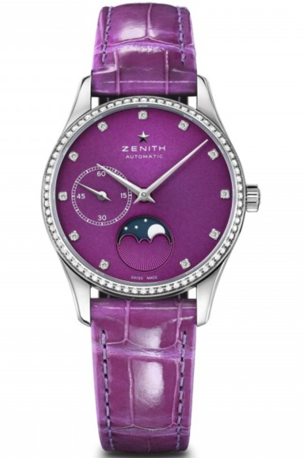 Class Elite Lady Ultra Thin Moonphase in Steel with Diamond Bezel on Strap with Purple Dial