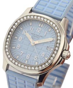 Lady's Aquanaut Luce Small Size Quartz in Steel Steel on Black Rubber Strap with Light Blue Dial