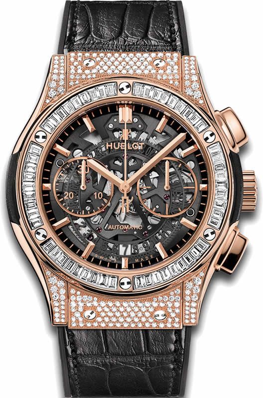 Classic Fusion Aerofusion 45mm in Rose Gold with Baguette Diamond Bezel On Black Alligator Strap with Black Skeleton Dial