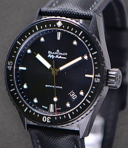 Fifty Fathoms Bathyscaphe Ceramic Automatic in Ceramic on Black Fabric Strap with Black Dial