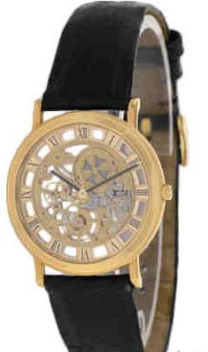 Vintage Mens 33mm Manual in Yellow Gold On Black Alligator Strap with Skeleton Dial