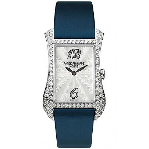 Gondolo Ref 4972G Serata in White Gold with Diamond Bezel on Blue Satin Strap with White Mother of Pearl Dial