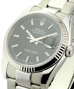 Datejust 36mm in Steel and White Gold with Fluted Bezel on Oyster Bracelet with Black Stick Dial