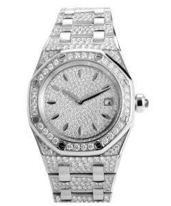 Royal Oak Lady in White Gold with Diamond Bezel on White Gold Daimond Bracelet with Pave Diamond Dial