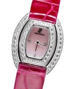 Ladies Diamond Watch in White Gold with Diamond Case  on Red Leather Strap with Pink Diamond Dial