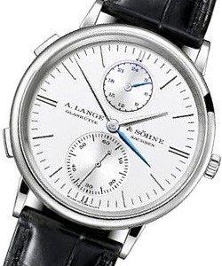  Saxonia Dual Time Mens 38.5mm Automatic in White Gold On Black Crocodile Strap with Silver Dial