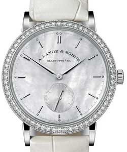 Saxonia Ladies Automatic in White Gold with Diamond Bezel On White Crocodile Strap with Mother of Pearl Dial