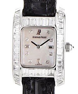 Ladies Diamond Watch in White Gold with Breguette Diamond Bezel on Black Alligator Leather Strap with MOP Dial
