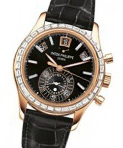 Annual Calendar with Baguette Diamond Bezel On Black Crocodile Strap with Black Dial
