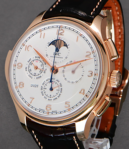 Potuguese Grande Comp Minute Repeater Perpetual Chrono in Rose Gold On Brown Alligator Strap with Silver Dial