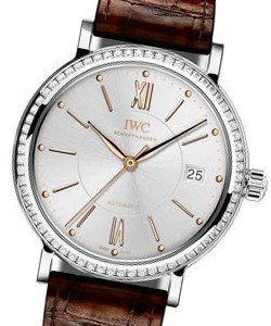 Portofino Midsize  37mm Automatic in Steel with Diamonds Bezel on Brown Crocodile Strap with Silver Dial