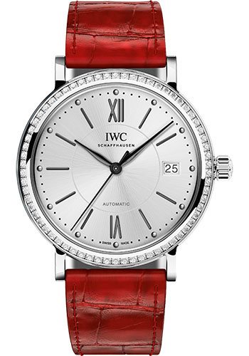 Portofino Midsize 37mm Automatic in Steel with Diamond Bezel On Polished Red Crocodile Leather Strap with Silver Index Dial