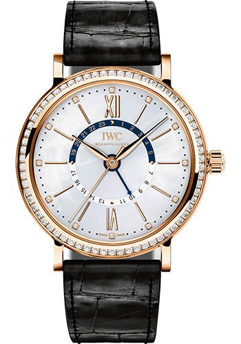 Portofino Midsize Moonphase 37mm Automatic in Rose Gold with Diamond Bezel on Black Alligator Leather Strap with White MOP Dial