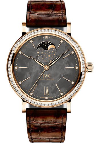 Portofino Midsize Moonphase 37mm Automatic in Rose Gold with Diamond Bezel on Brown Alligator Leather Strap with Black MOP Diamond Dial