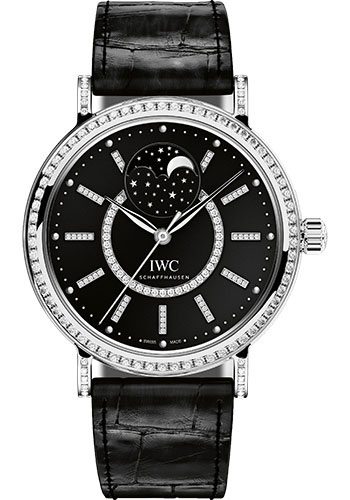 Portofino Moonphase 37mm Automatic in White Gold with Diamonds Bezel on Black Alligator Leather Strap with Black Diamond Dial