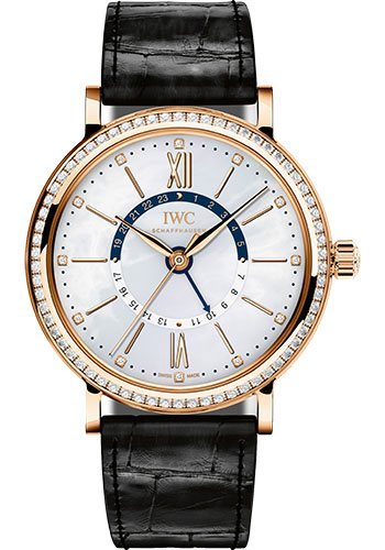 Portofino Day and Night Midsize Mens 37mm Automatic in Rose Gold with Diamond Bezel on Polished Black Crocodile Strap with Mother of Pearl Diamond Dial