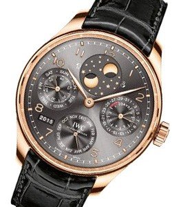 Portugieser Perpetual Calendar  Automatic in Rose Gold On Black Crocodile strap with Grey Arabic Dial - Gold Markers