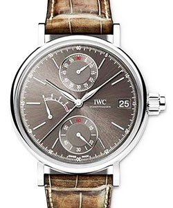 Portofino Mens Manual in White Gold On Brown Alligator Leather Strap with Brown Dial