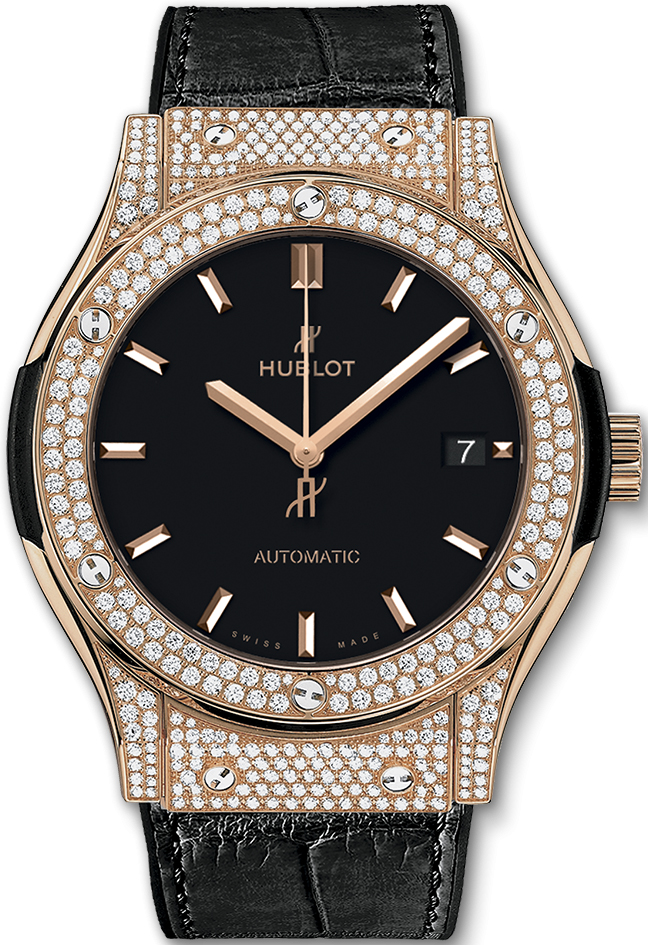 Classic Fusion 45mm Automatic in Rose Gold with Diamond Bezel On Black Leather Strap with Black Dial 