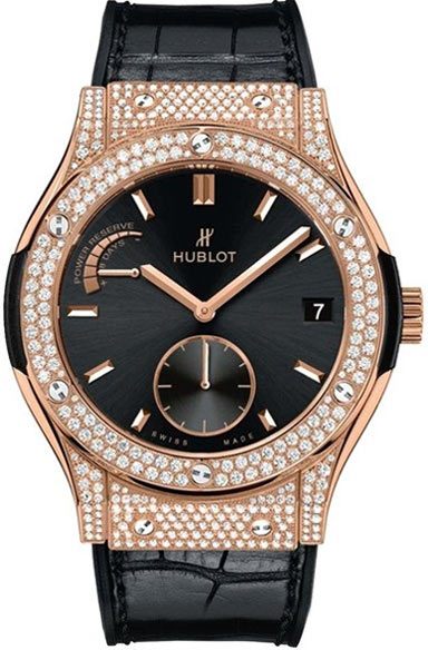 Classic Fusion 45mm 8 Day Power Reserve in Rose Gold with Full Pave Diamond Bezel On Black Leather Strap with Black Dial