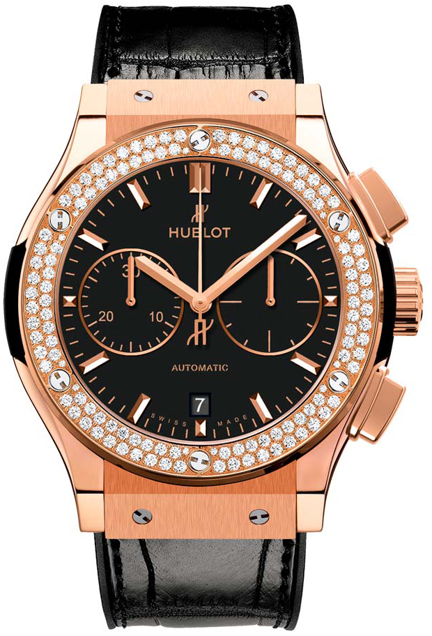 Classic Fusion Chronograph 45mm Automatic in Rose Gold with Diamond Bezel On Black Leather Strap with Black Dial