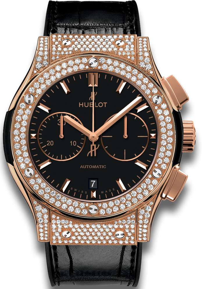Classic Fusion Chronograph 45mm in Rose Gold with Full Pave Diamond Bezel On Black Leather Strap with Black Dial