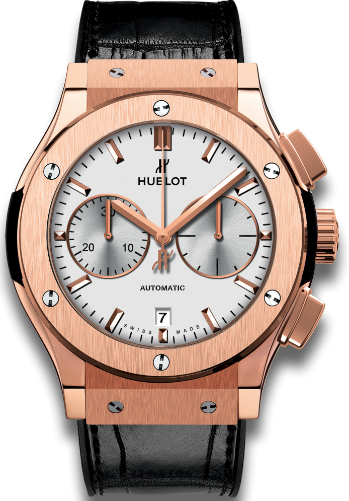 Classic Fusion Chronograph 45mm Automatic in Rose Gold On Black Leather Strap with Silver Dial