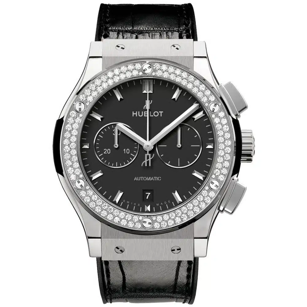 Classic Fusion Chronograph Mens 42mm Automatic in Titanium Black Alligator Strap with Black Index Dial - Diamonds