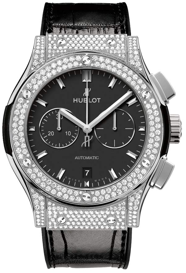 Classic Fusion Chronograph 42mm Automatic in Titanium with Full Diamond Bezel on Black Leather Strap with Black Dial