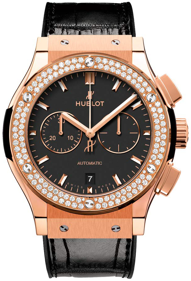 Classic Fusion Chronograph 42mm Automatic in Rose Gold with Diamond Bezel On Black Leather Strap with Black Dial