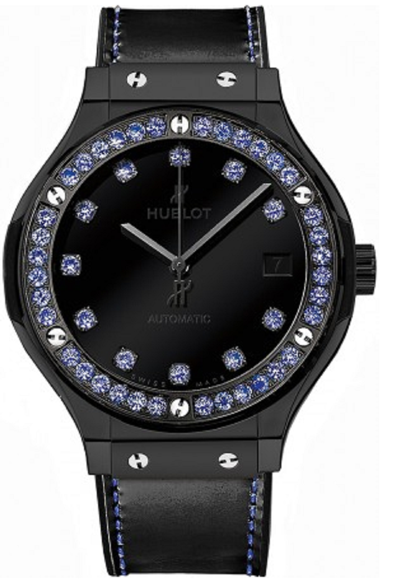Classic Fusion 42mm Automatic in Black Ceramic with Blue Sapphires Bezel On Black Calfskin Leather Strap with Black Diamond Dial