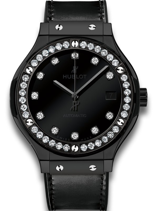 Classic Fusion 42mm Automatic in Black Ceramic with Diamond Bezel On Black Calfskin Leather Strap with Black Dial