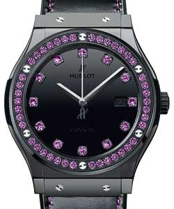 Classic Fusion Shiny 42mm Automatic in Black Ceramic with Purple Amethystes Bezel On Black Calfskin Leather Strap with Black Diamond Dial