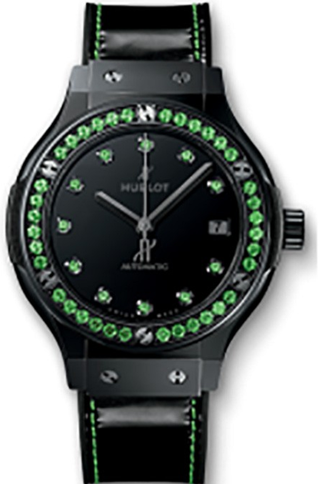 Classic Fusion Shiny 42mm Automatic in Black Ceramic with Green Tsavorites Bezel On Black Calfskin Leather Strap with Black Diamond Dial