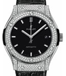 Classic Fusion 42mm Automatic in Titanium with Pave Diamond Bezel On Black Leather Strap with Black Dial