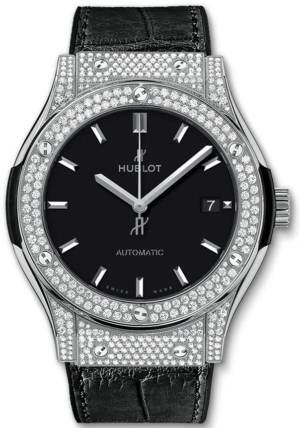 Classic Fusion 42mm Automatic in Titanium with Pave Diamond Bezel On Black Leather Strap with Black Dial