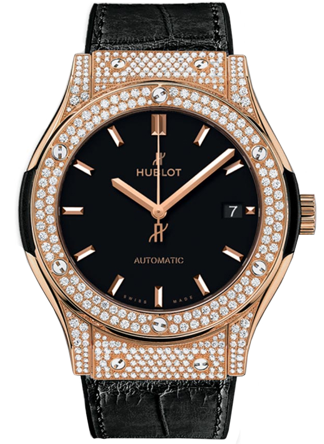 Classic Fusion 42mm Automatic in Rose Gold with Diamond Bezel on Black Leather Strap with Black Dial 