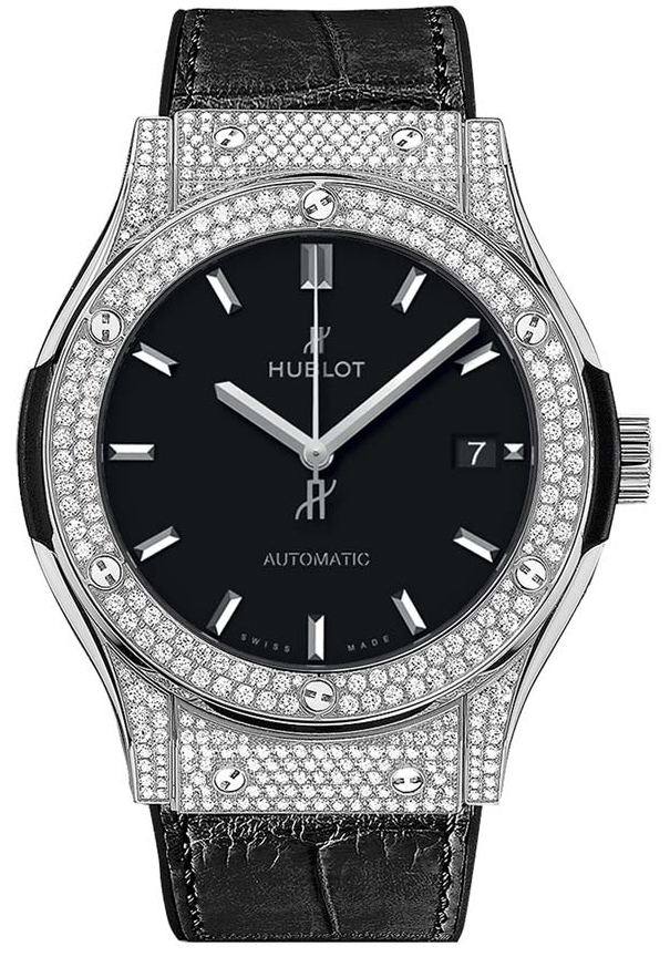 Classic Fusion 38mm Automatic in Titanium with Full Diamond Bezel on Black Alligator Strap with Black Index Dial