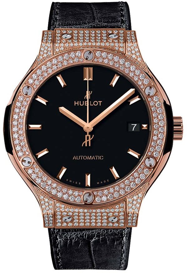 Classic Fusion 38mm Automatic in Rose Gold with Diamond Bezel On Black Alligator Strap with Black Index Dial
