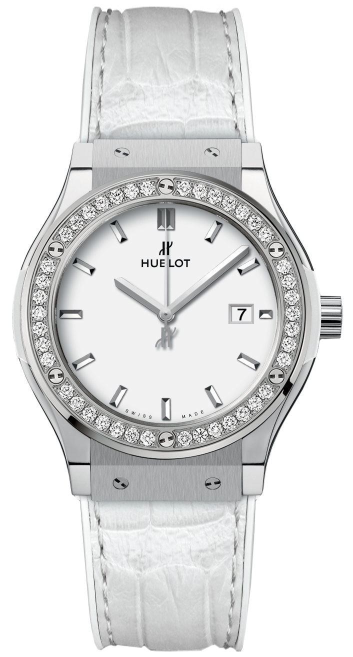 Classic Fusion 33mm Quartz in Titanium with Diamond Bezel On White Alligator Strap with Silver Index Dial