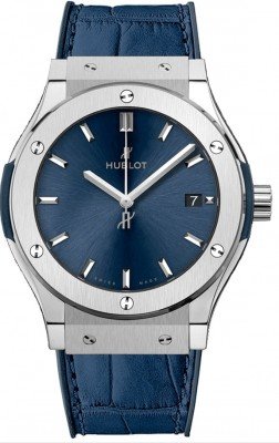 Classic Fusion Ladies 33mm Quartz in Titanium On Blue Alligator Strap with Blue Index Dial